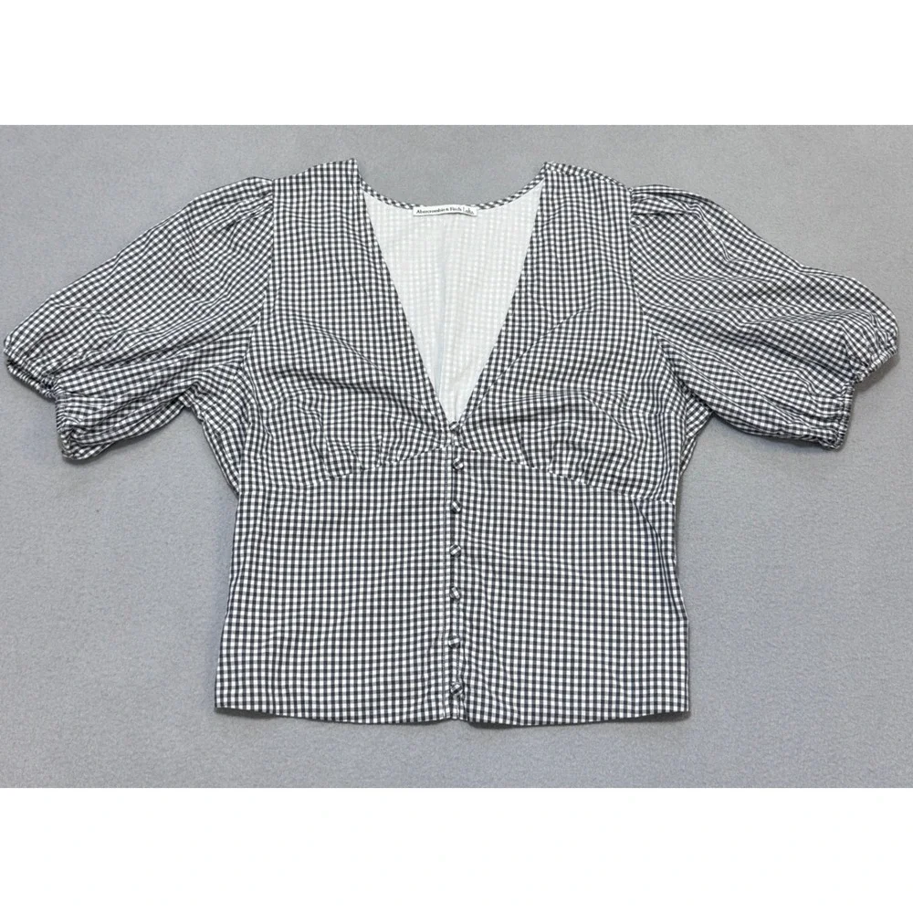ABERCROMBIE & FITCH Gingham Puff Sleeve V-Neck Top Womens L Black White